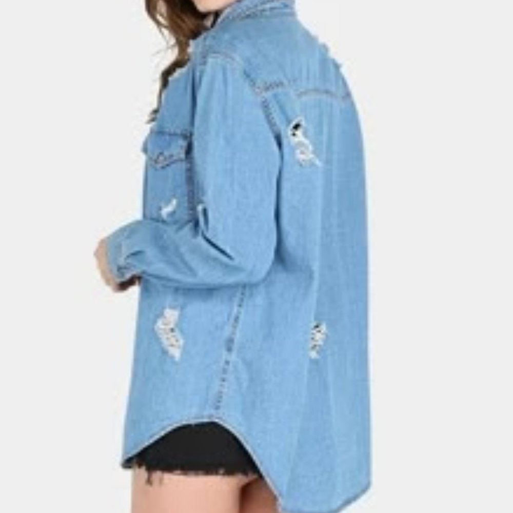 Oversized distressed jean jacket/ denim flannel